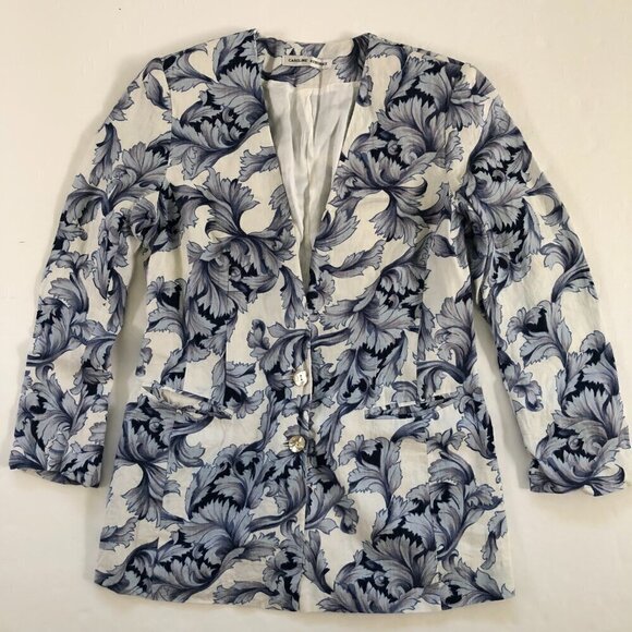Vintage Caroline Kendrick Blue Floral Linen Blazer Jacket Size 10 Office Summer - Picture 4 of 11
